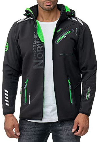 Geographical Norway Softshell jacka, funktionell jacka, vindjacka med huva, vindskydd, ståkrage, köldtålig, utomhus, vandring, camping, Svart – 02, XXL