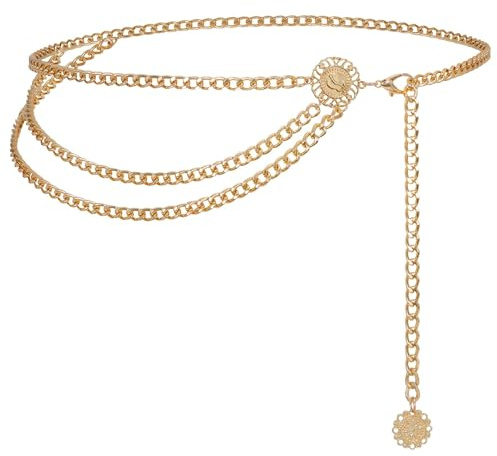 WHIPPY Multi Layer Metal Waist Chain Belt for Women Girls Adjustable Fashion Bling Body Link Gold Belt for Jeans Trousers Dresses,Gold(sun), fit waist size up to 36