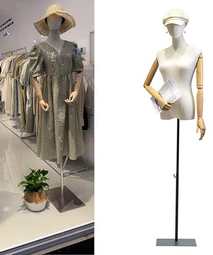 Jueraori Schaufensterpuppe Körper Weiblich, Schneiderpuppe mit Holz Armen, Mannequin Torso mit Verstellbare Höhe 140-190cm, Damenbüste Kleiderpuppe Ausstellungsstand (Farbe : Schwarz , Größe : M)