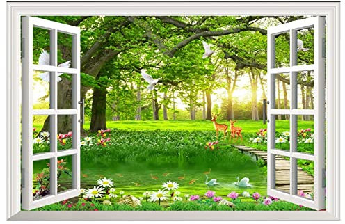 Fausse Fenêtre Tableaux Panoramique sur Toile. Pont en bois de la forêt Fenetre Vue 3D Paysage Tableau Impression nature sur toile.Tableau d'art mural Image sur toile 80x120cm(32x47in)sans cadre