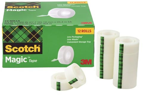 Scotch Magic Tape 12 Rollen extra lang Ideal für Geschenkverpackungen, viele Anwendungen, unsichtbar, für Reparaturen, 1,9 x 3,2 cm, Box (810K-12-CP)