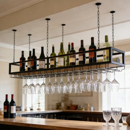 DSVONAUS Portabottiglie da Soffitto, Mensola da Soffitto Porta Bicchiere da vino Sospeso, Portabottiglie da Appendere Industriale Regolabile in Altezza per Cucina Bar Caffetteria (80cm)