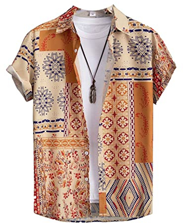 MAIISO Chemise Vintage pour Homme Chemises à Manches Courtes de Style Ethnique Africain T Shirt à la Mode imprimé de Motifs Traditionnels Summer Regular Button Casual Beach Blouse Top