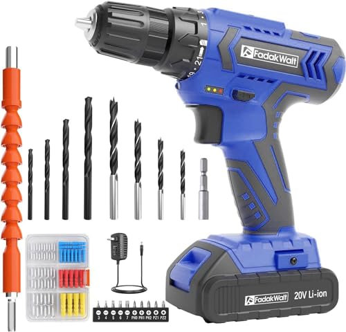 FADAKWALT Power Cordless Drill Driver, 20V and Screwdriver Set, Electric Combi Kit 21+1 Torque, DIY Accessory 2 Variable Speeds, Suitable for Wood, Metal Concrete, Blue