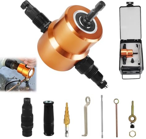 7 Pièces Grignoteuse Tole Electrique Metal Kit, Double Tête Coupe Tole pour Perceuse, Réglable à 360 Degrés Coupe Plaque de Perceuse Electrique, pour Outils de Poinçonnage, Profilés Complexes