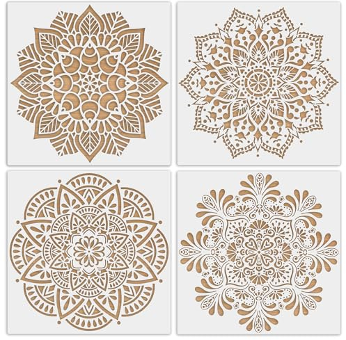 MWOOT 4 Pieces Large Mandala Malerei Schablonen, Wiederverwendbar Groß Blumen Painting Stencil Set, Schablone Bastelset für Malen Airbrush Graffiti Fenster Fliesen Möbel Wandgestaltung T Shirt Steine