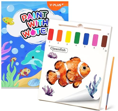 YPLUS Malerei mit Wasserbüchern für Kleinkinder, Aquarellpapier für Kinder von 1 bis 4 Jahren, Geschenk für Kunsthandwerk mit Pinsel und Illustrationen von Wasserlebewesen im Lieferumfang enthalten