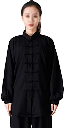 Baumwoll-Leinen-Stretch-Taichi-Uniform für Damen, chinesischer Kampfsportanzug, Kung-Fu-Kleidung, Wing-Chun-Kleidung, Performance-Kleidung, langärmeliges Hemd und Hose, Schwarz, M (Schwarz 1 XL)
