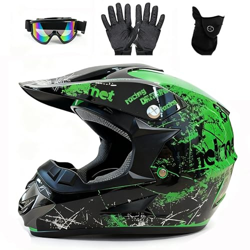 UIGJIOG Motocross Helmet,Youth ATV Dirt Bike Motorcycle Helmet, Full-Face Off Road Motorcycle Crash Helmet,BMX 4-Wheeler Off-Road Mountain Bike Helmet,With Gloves Goggles Mask,Green,M(54~55cm)