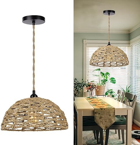 Lampes suspendues en rotin, Lustre bohème à 1 lumière, Panier Suspendu en Osier tissé à la Main pour Salle à Manger, Salon, Cuisine, îlot de Chambre à Coucher, Hall d'entrée, Hauteur réglable