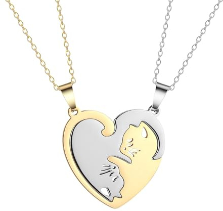 2 Stycken Katt Hänge Par Halsband, Pusselhänge Halsband, Vänskap Katt Halsband, Rostfritt Stål Delade Vänskapshängen, Döttrar Familjesmycken Gåvor För Par, Regolabile, Metall, Skapad alexandrit
