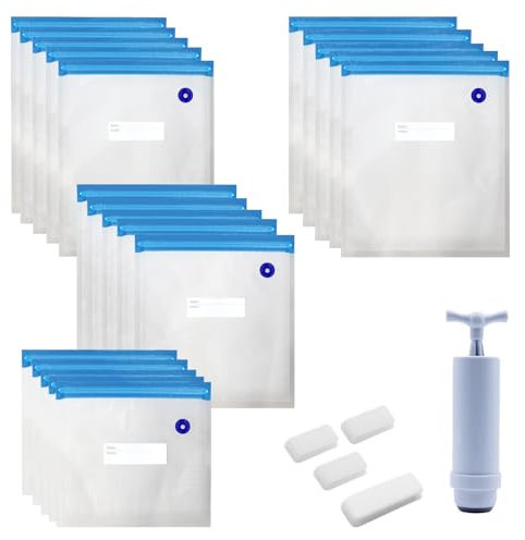 20 Pcs Sac Sous Vide Alimentaire Réutilisable 4 Tailles Sans BPA Sac Mise Sous Vide Alimentaire Reutilisable avec 1 Pompe À Main 4 Clips Sacs de Mise Sous Vide pour Conserver les Aliments