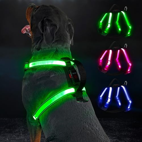 KOSKILL Light Up Dog Harness Rechargeable with Power Display, LED Dog Harness RGB 3 Light Modes & Reflective, Type-C Safety Vest for Small Medium Large Dogs for Night Walking, Camping(XL)