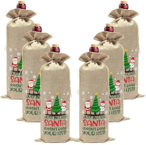 GWAWG Lot de 6 Sac à Bouteilles de Vin en Lin Kaki pour Noël, Cadeau Bouteille Vin avec Cordon en Corde, Pochette Cadeau Bouteille Réutilisables avec Motif Noël