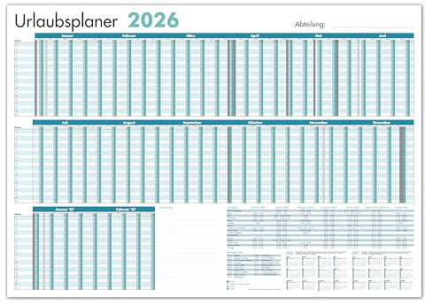 PRIMUS PRINT - Mitarbeiter Urlaubsplaner - Wandkalender 2026 - Monatskalender - A1-594x841mm - bis zu 20 Mitarbeiter - Urlaubskalender - inklusive Feiertagen - diverse Ausführungen [1x Gefalzt, Blau]