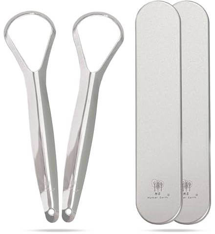 Me Mother Earth 2 pack Stainless Steel Tongue Scraper for Adults with 2 Metal Travel Cases – Durable Metal Cleaner for Oral Care, Fresh Breath, and Eco-Friendly Dental Care
