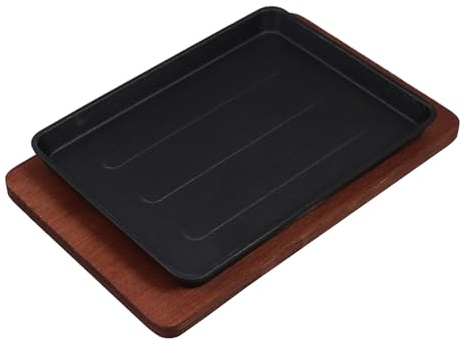 Cabilock Sartén para Cocinar Carne y Verduras de Hierro Fundido Cuadrada con Base de Madera y Bandeja Versátil Distribución Uniforme del Calor para Fajitas en Cocina
