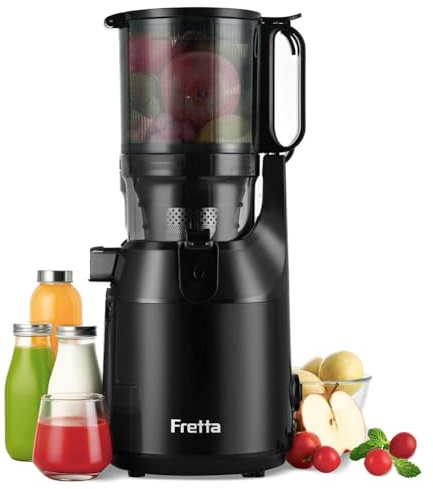 Cold Press Juicer, Fretta Slow Masticating Machines with 135mm&1.8L Chute, Fit Whole Fruits & Vegetables, Easy Clean,Self Feeding Juicer with High Juice Yield,PCTG BPA-Free, 250W (Black)