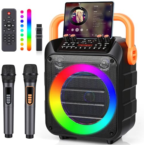 Karaoke Maschine, Karaoke Anlage mit 2 Mikrofonen Tragbare Bluetooth-Karaoke-Lautsprecher mit RGB- LED Lichteffekte für Erwachsene und Kinder Unterstützt TF/USB FM Rec AUX in TWS für Party Geburtstag