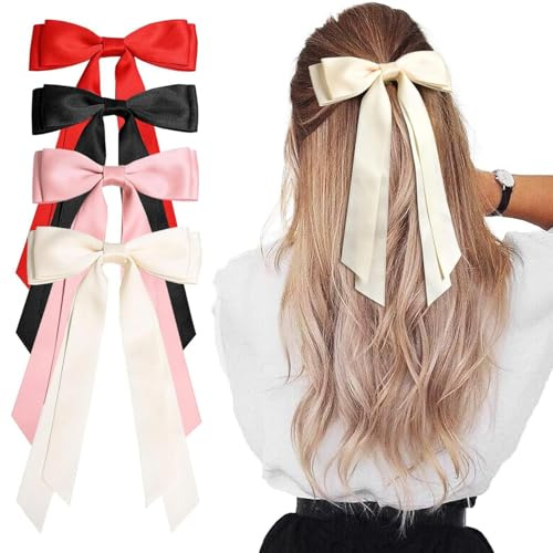 Zestjewel 4Pcs Silky Satin Hair Bows Hair Clip Hair Ribbon Ponytail Holder Accessories Slides Metal Clips Bow for Women Girls (Color-M)