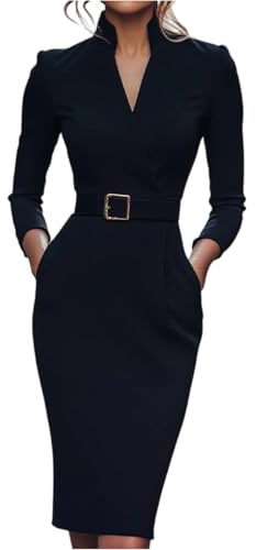 ORANDESIGNE Vestito da Lavoro da Donna Eleganti Vestiti Formali con Scollo a V Abito Tubino Curvy a Maniche Lunghe con Tasche Abito da Sera A Nero XL