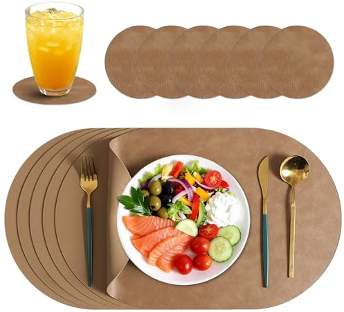 Juego de 6 Mantelitos Ovalados y Posavasos de Piel Sintética, Impermeable, Resistente a Manchas y Antideslizante de Doble Cara, Fácil de Limpiar e Ideal para Mesa, Estilo Americano