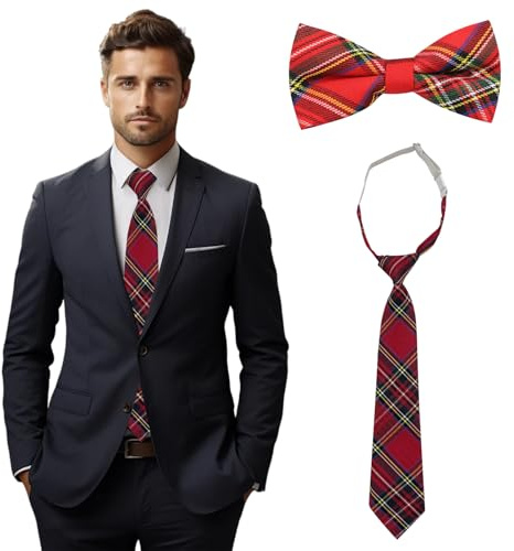 BSITSSS 2 Pezzi Cravatta tartan, Moda Cravatta Tartan Rossa, Cravattino da Uomo Donne, Motivo Tartan, Papillon Regolabili Fatti a Mano pre Accessorio, Costume, Carnevale, Festa a Tema, Natale