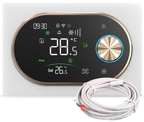 BECA BAC-9000ALWE Termostato Smart WiFi per Fan Coil 2 Tubi, Ventola 3 velocità + Valvola ON/OFF, Sonda Esterna, Tuya Smart/Smart Life, Alexa/Google, – Expert4House Edition (Bianco e Gold)