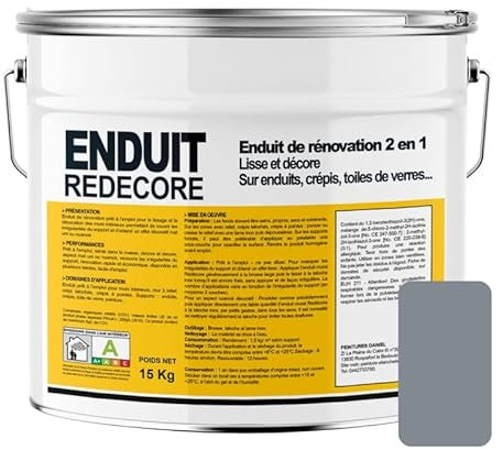 Enduit décoratif, rénovation rapide, 2 en 1, lisse et décore sur plâtre, peintures, crépis, fibres, toile de verre 15 Kg Granit (7045)