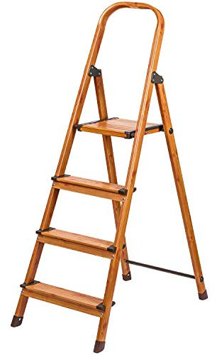 Tatkraft Upgrade 4 | Trittleiter 4 Stufen, Leiter Haushalt Stabil Bis 150 KG, Klapptritt, Anti-Rutsch, Braucht wenig Platz, Skandinavischer Holz Look