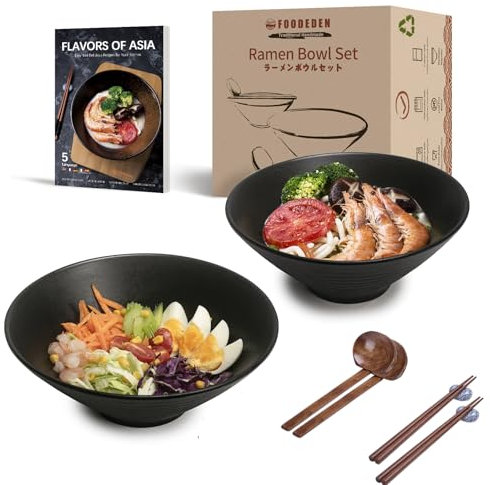 Keramik-Suppenschüssel-Set, 2×1500 ml Ramen Bowl, Große Japanisches Nudelschalen mit Löffel und Stäbchen, Traditionell Asiatisches Geschirr Set, für Udon, Pasta, Pho, Soba, Müsli & Salat