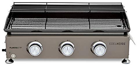 EDELHEISS Plancha Grill aus lackiertem Stahl mit emaillierter Grillplatte, 3 runde Brenner je 2,5 kW, starke Gesamtleistung von 7,5 kW, emailliertes Warmhalterost, Grillfläche von 36 x 65 cm