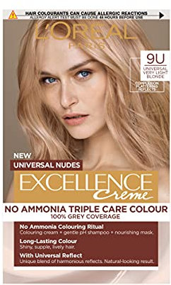 L'Oréal Excellence Nudes 9U Universal Very Light Blonde: 100% Grey Coverage, Complexion Flattering for All Hair Types. Achieve a natural-looking very light blonde with a subtle, universal reflect.