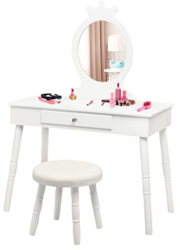 RELAX4LIFE Set di Tavolo da Trucco con Sgabello per Bambini, Toeletta con Specchio Rotondo per Ragazzi, Tavolo Cosmetici con Gambe in Pino Naturale Stabile per Cameretta, 70 x 34 x 100 cm (Bianco)