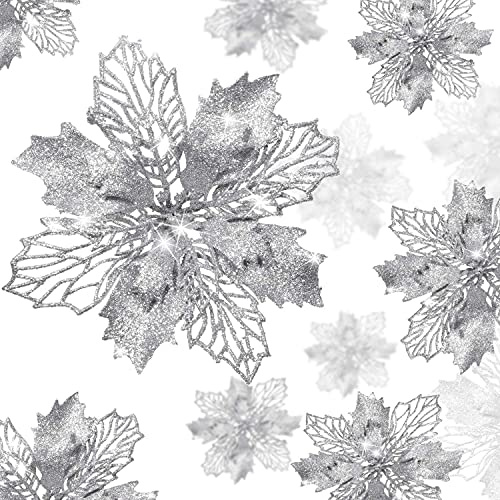 KAHEIGN 36 Pezzi Fiori di Poinsettia di Natale, Glitter D'argento Fiori Artificiali della Stella di Natale Addobbi per L'albero di Natale per Matrimonio Corona di Natale Festa a Casa Decoro (3 Taglia)
