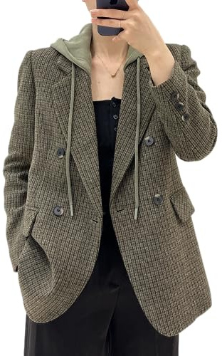 Mina Self Tweed Blazer Jackets For Women 2025 Fall Winter Sweater Plaid Green Long Hooded Wool Business Casual Formal Business Casual Professional Fashion Dressy Trendy Womens Blazers Jacket Suit LG-L