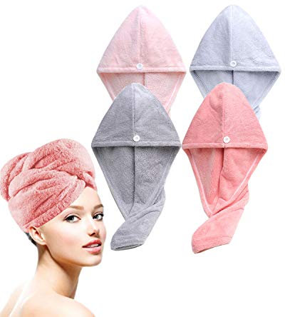 Lumimi 4 Stück Set Haarturban Kopfhandtuch aus Mikrofaser Weich Angemehm Extra Saugfähig Schnelltrocknend Praktisch mit Knopf Geschenk Rosa Grau Hellrosa Hellblau