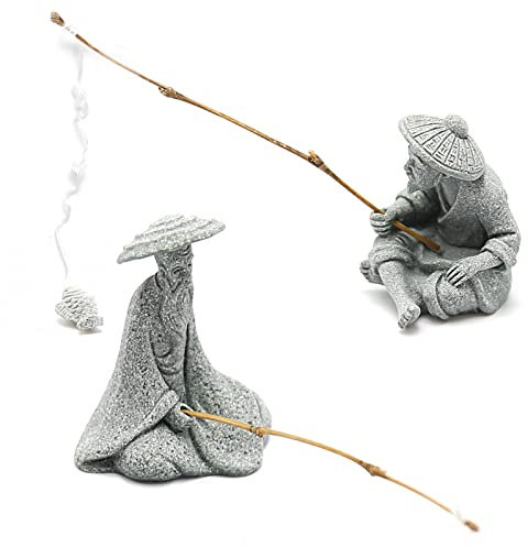 DUZFOREI 2 mini statuette da pesca seduta, in arenaria, decorazione giapponese, decorazione giapponese per acquario da giardino, casa, acquario, mini statua di pescatore, decorazioni zen asiatiche