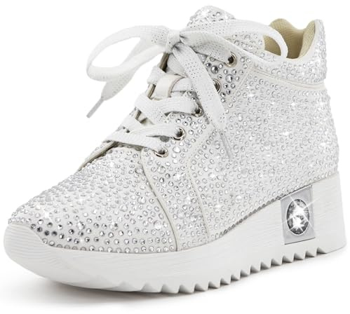 FINDVELL Women's Fashion Glitter Sneakers Platform Wedge Shoes Sparkly Rhinestone High Top Sneakers Trendy Sequin Shoes Wedding Bride Dress Size 10 White
