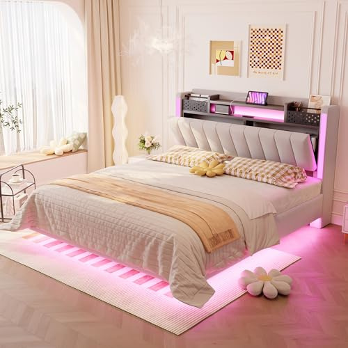 Sapgaks Lit 140x200 avec Sommier LED et USB, Lit Double 140x200 avec Rangement et Tete de Réglable, Rembourré avec à Lattes, 2 Personnes Cadre de(sans Matelas)