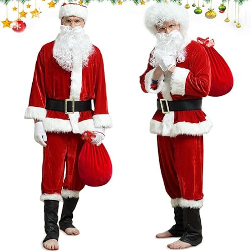 Kouric Costume Babbo Natale Uomo, Vestito da Babbo Natale Deluxe Completo 10 Pezzi，Costumi di Natalizi Professionale Santa Claus di Lusso per Adulti, Babba Natalizio Papa Costumes per Feste, Cosplay