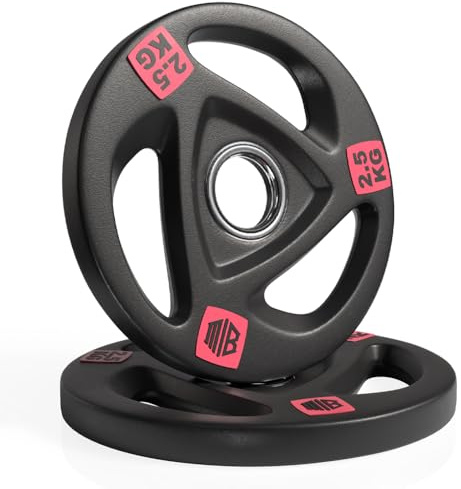 ManiBoom Discos Pesas Hierro ENGOMADO 30mm y 50mm Olimpica con Anillo Interior de Acero y Triple Agarre ERGONOMICO - Disco para Barra o Mancuernas (Ø50MM - 2 x 2,5KG)