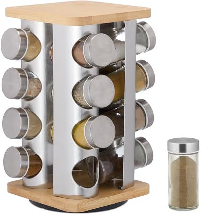 Relaxdays Especiero Giratorio con 16 Botes Especias, Gira 360°, Acero, Bambú, Cristal, 28x20x20 cm, Plateado/Natural