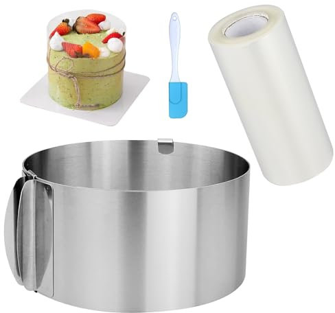 Anello Torta Regolabile, Stampo Circolare per Torte e Allungabile, Stampo Rotondo 16-30cm e 1PCS Torta Collare Trasparenti 10M Acetato per Pasticceria per Torte in Mousse con 1 Raschietto per Dolci