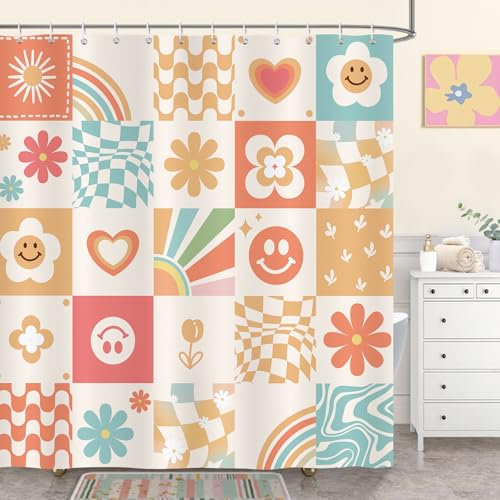 Bonhause Cortina de Ducha Retro Lindo Flores Boho Abstracto A Cuadros Groovy Arco Iris 70s Cortina de Baño de Poliéster Impermeable Antimoho Lavable Cortina Ducha 180 x 180 cm con 12 Ganchos