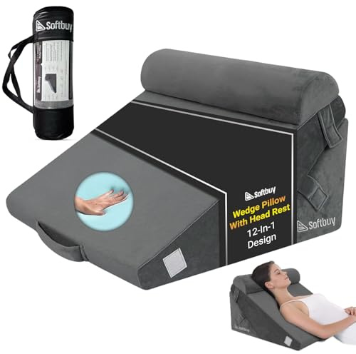 softbuy Coussin de lit orthopédique 12 en 1 avec appuie-tête – Coussin de lit en mousse à mémoire de forme convertible pour adultes – Idéal pour la lecture, le repos, le reflux acide, la douleur au