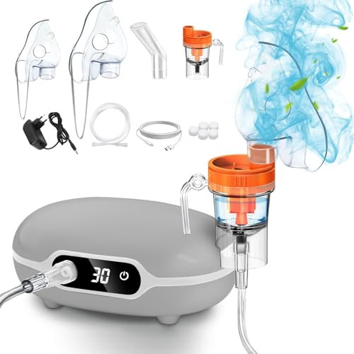 PAZEAU Tragbar Inhalationsgerät für Erwachsene und Kinder Baby, LED Digitalanzeige Kompressor Vernebler Inhalator mit Mundstück und Maske,Elektrische Inhaliergerät für Husten Erkältungen zuhause