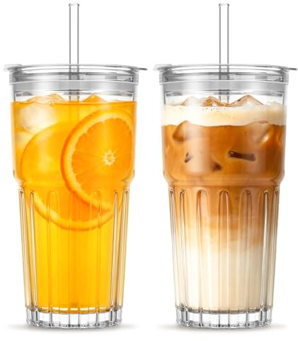 INSETLAN Juego de vasos y vasos de vidrio transparente de 20 onzas con tapas y popotes, paquete de 2, vasos reutilizables para café helado, batidos, té, jugo, a prueba de fugas, a prueba de derrames,