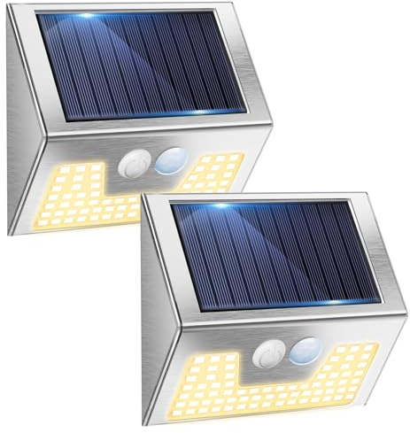 Solar Lights Outdoor Motion Sensor- Stainless Steel Led Security Lights IP65 Waterproof, 3 Lighting Modes, Warm White Brushed Nickel Pir Flood Lights for Wall Garden Yard Path - 2 Pack(Silver)