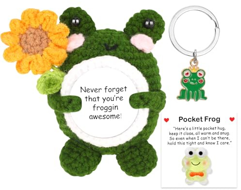 Emotion Support Crochet Frog, Good Luck Gifts Positive Doll with card and keychain, Pocket Hug Gift for Women, Men, Friends, Co workers, Birthday Graduation Teacher, Cute Desk Decor for Home Office